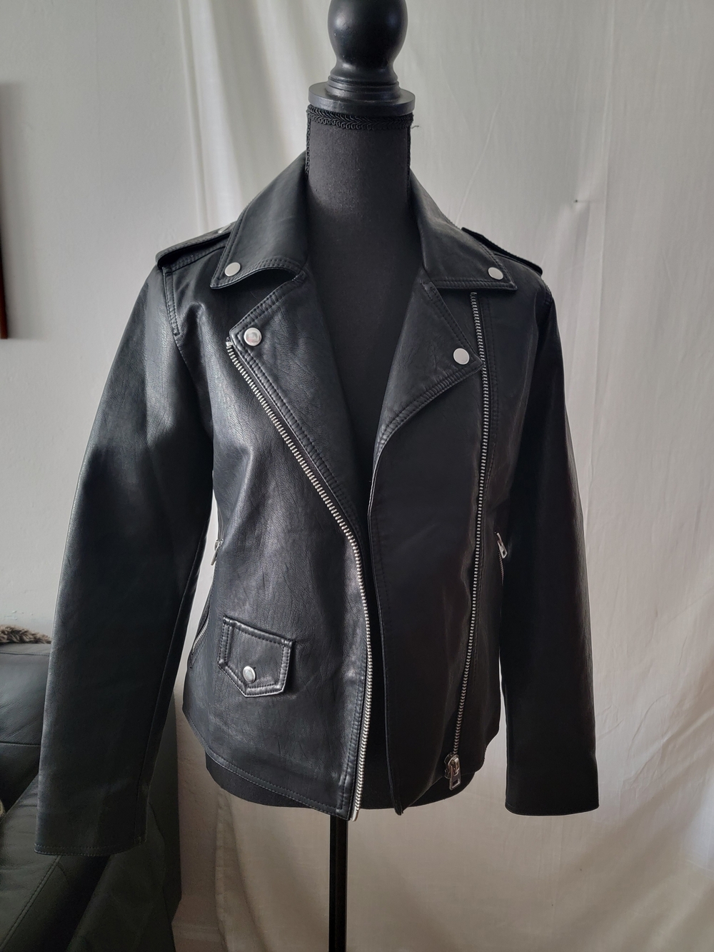 Topshop Black Vegan Leather Moto Jacket with Silver Hardware